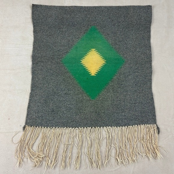 Vintage Mexican Handwoven Wall Hanging 18 x 19 in‎ Tapestry Rug Geometric Fringe - Picture 6 of 7
